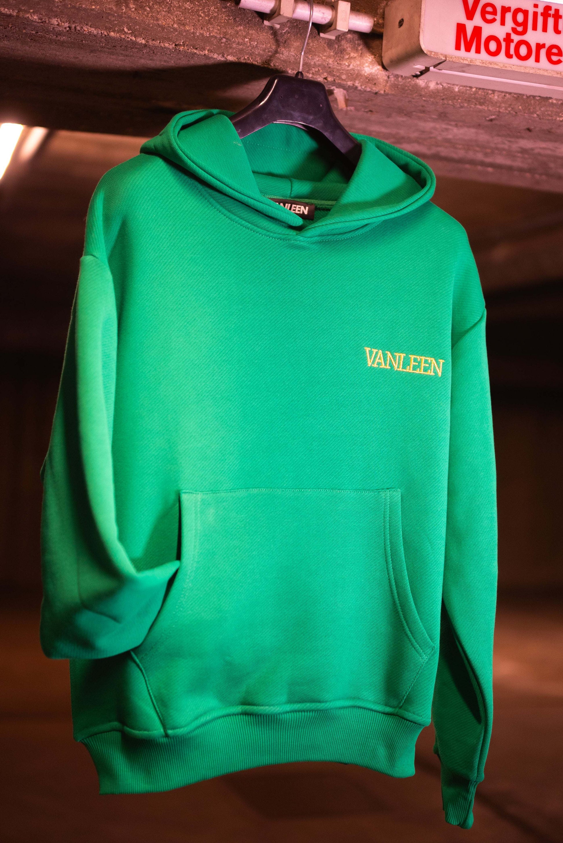 Gangster Hoodie Day Date oversized green hoodie with gold VANLEEN logo and front pocket